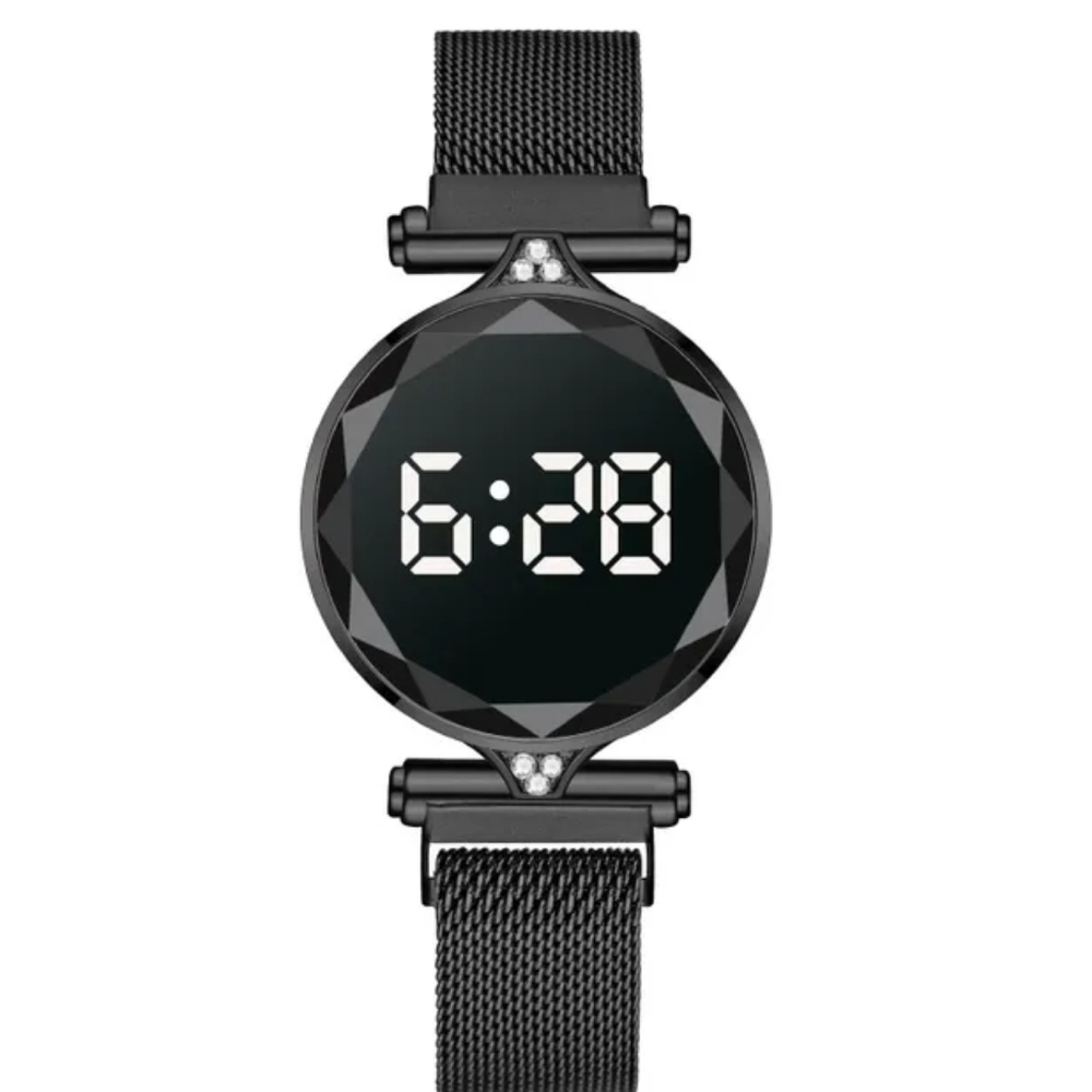 Black Rhinestone Buckle Mesh Belt LED Watch - Picture 2 of 7